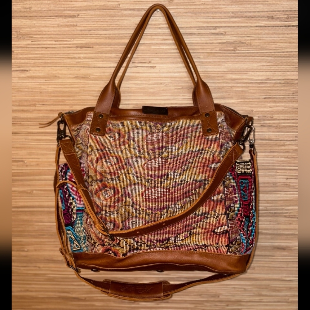 Nena & Co. Multicolor Tapestry Tote with Tan Leather Trim